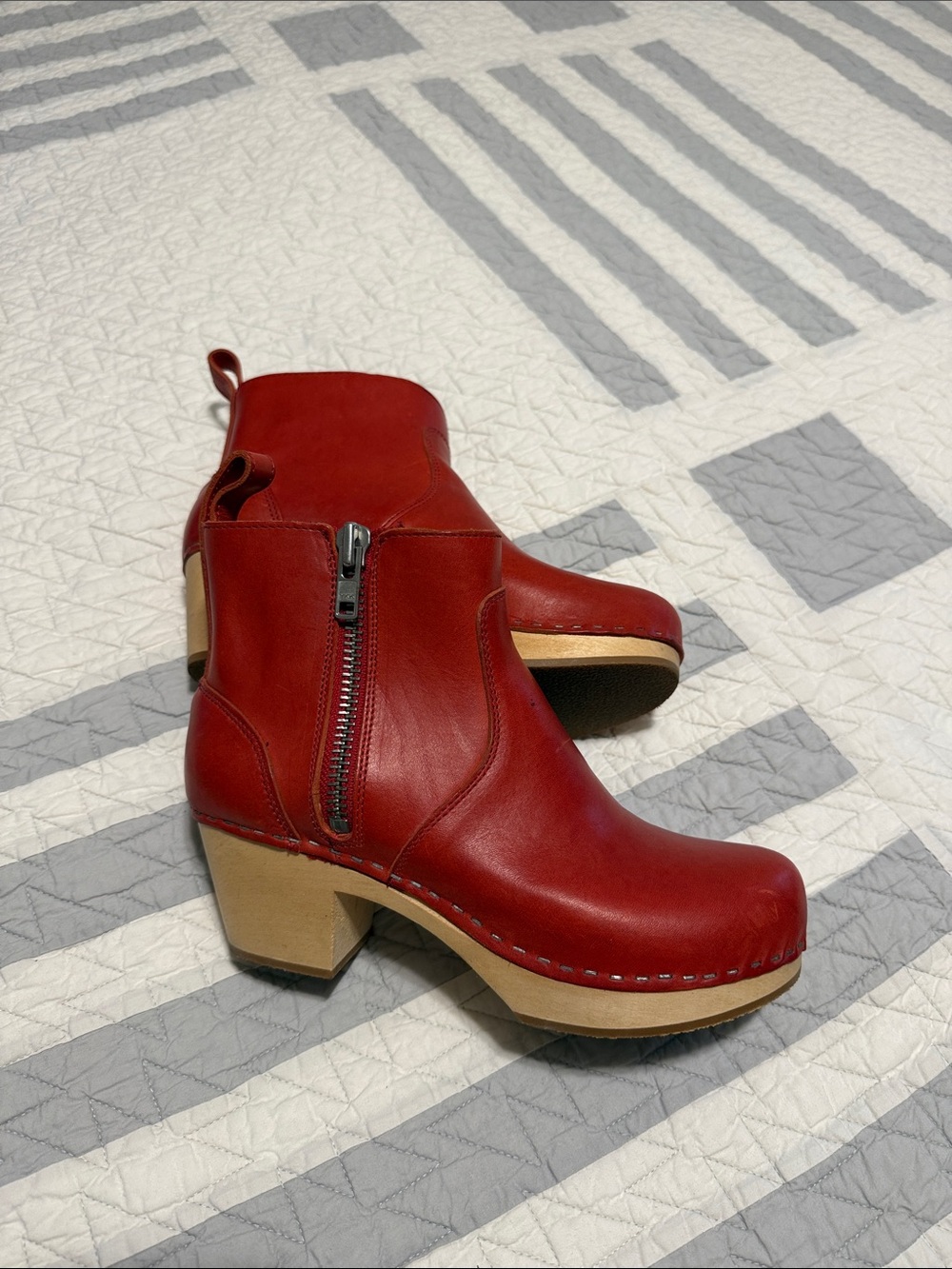 Swedish Hasbeens Red Leather Zip Clog Ankle Boots